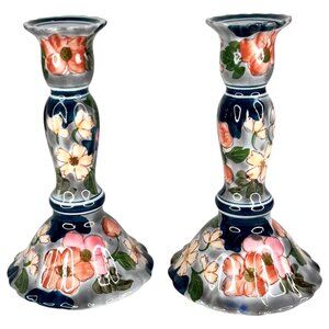 2‎ Andrea By Sadek Blue Floral Ceramic Candlestick Holders Hand Painted Set Pair